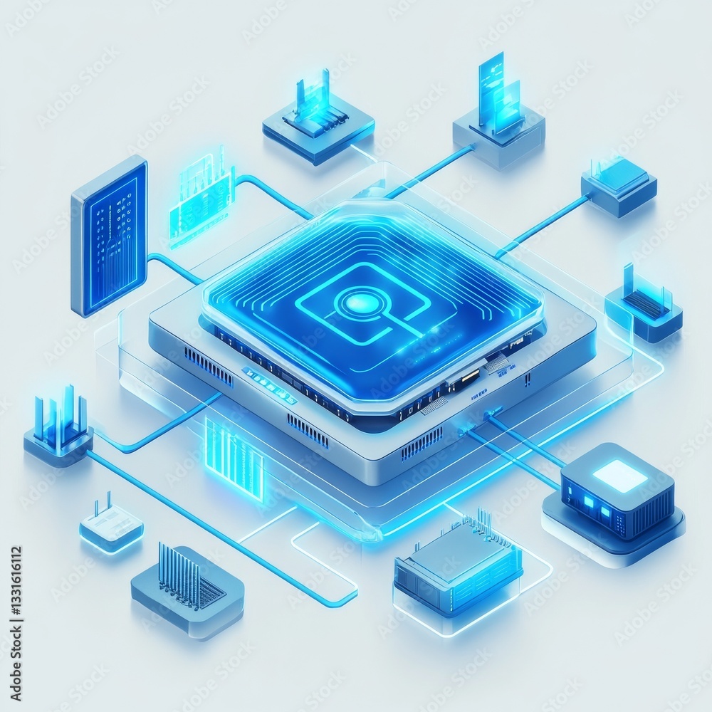 Poster Advanced Network Technology: Digital Blueprint of Interconnected Devices with Glowing Blue Connections
