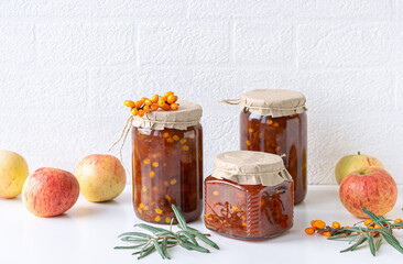 Title: Homemade Sea Buckthorn and Apple Jam in Glass Jars