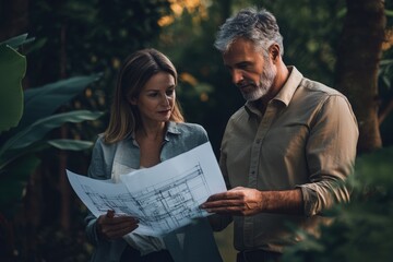 A couple reviews architectural blueprints for their dream home amidst lush greenery.