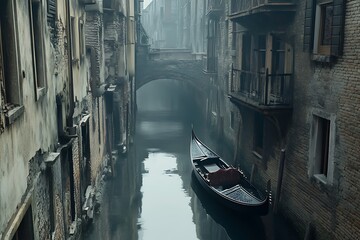 Fototapeta premium Gondola floats through foggy Venice canal, under arched bridge, background of old buildings, travel use