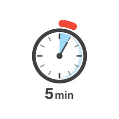 5 minutes on stopwatch icon in flat style. Clock face timer vector illustration on isolated background. Countdown sign business concept.