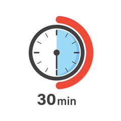30 minutes on stopwatch icon in flat style. Clock face timer vector illustration on isolated background. Countdown sign business concept.