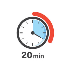 20 minutes on stopwatch icon in flat style. Clock face timer vector illustration on isolated background. Countdown sign business concept.
