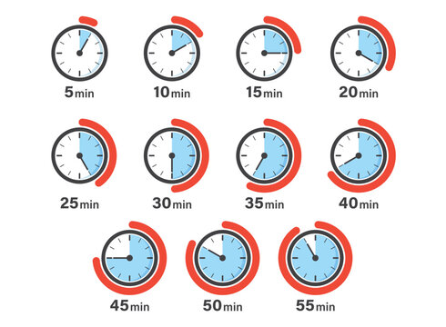 From 5 minutes to 55 minutes on stopwatch icon set collection in flat style. Clock face timer vector illustration on isolated background. Countdown sign business concept.