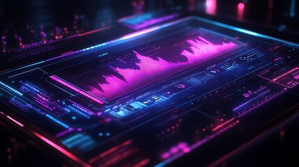 A high-tech holographic representation of global social media activity, floating 3D engagement trend lines, dynamic analytics UI, deep blue and purple neon accents, ultra-HD cyber UI visualization.