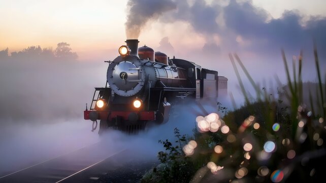 Vintage steam locomotive emerging from dense morning fog – Ideal for nostalgic travel, adventure-themed content, or historical transportation promotions.