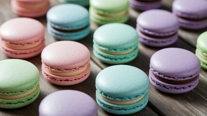 Obraz premium Generative AI Close-Up of Delicate Pastel Macarons on Rustic Wooden Table