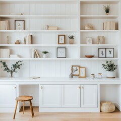 Elegant White Built-in Shelves with Botanical Prints, Books, and Desk Area for a Stylish Interior Design