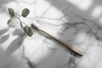 Bamboo toothbrush and eucalyptus leaves on a marble surface, bathed in sunlight.