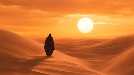 Desert Wanderer Silhouette: A solitary figure navigates a sea of sand dunes under a blazing sun, the vast expanse reflecting a sense of solitude, adventure, and the timeless allure of the desert.