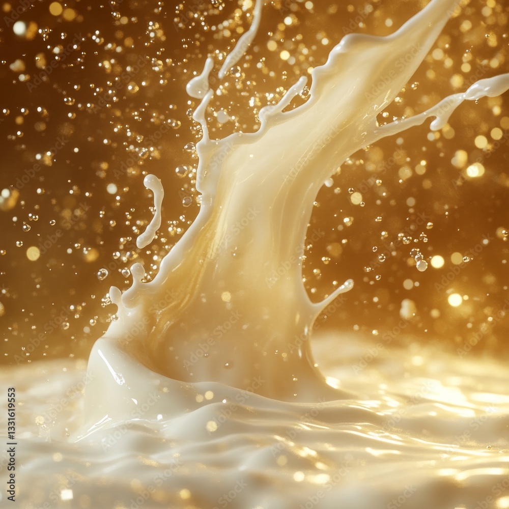 Poster luxurious cream splash: a high-speed capture of dairy delight with golden bokeh highlights and smoot