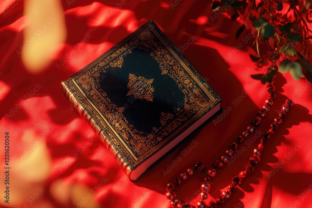 Poster A book sits atop a vibrant red cloth, perfect for adding a pop of color to your design