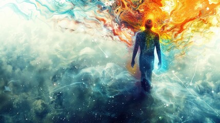 Spirituality and Awareness: A figure surrounded by symbols of chakras and spiritual growth, embodying a journey toward higher consciousness and deep self-awareness. Dharma in Daily Life