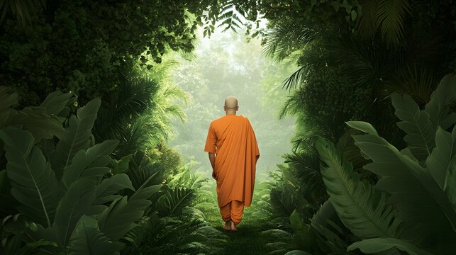 Seeking Inner Peace: A monk in saffron robes embarks on a spiritual journey amidst a lush, verdant pathway, symbolizing enlightenment and tranquility.