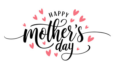 Happy Mother's Day typography vector with handwritten calligraphy and pink hearts – Elegant lettering design isolated on transparent background