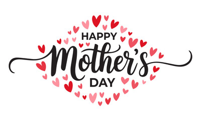 Happy Mother's Day typography vector with handwritten calligraphy and pink hearts – Elegant lettering design isolated on transparent background