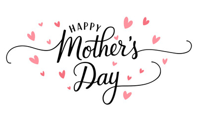 Happy Mother's Day typography vector with handwritten calligraphy and pink hearts – Elegant lettering design isolated on transparent background