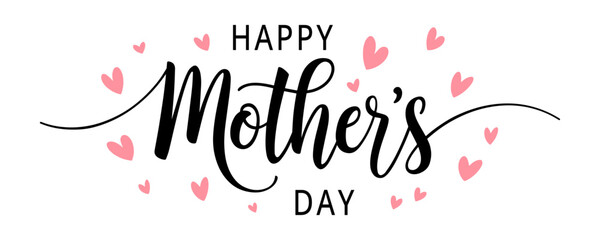 Happy Mother's Day typography vector with handwritten calligraphy and pink hearts – Elegant lettering design isolated on transparent background