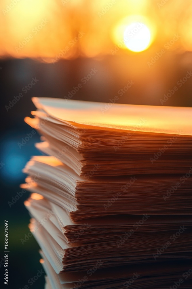 Poster a stack of papers sits on a table, ready for review or organization