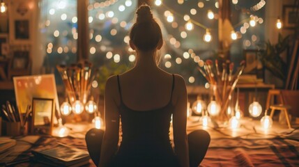 Inspiration and Creativity: A figure surrounded by light bulbs, paintbrushes, and books, symbolizing the flow of creative ideas and the spark of inspiration.
