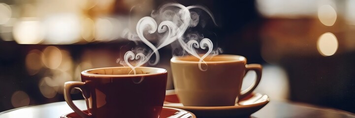 Two coffee cups with heart-shaped steam above them on a café table – Ideal for cozy café settings, romance, or lifestyle content