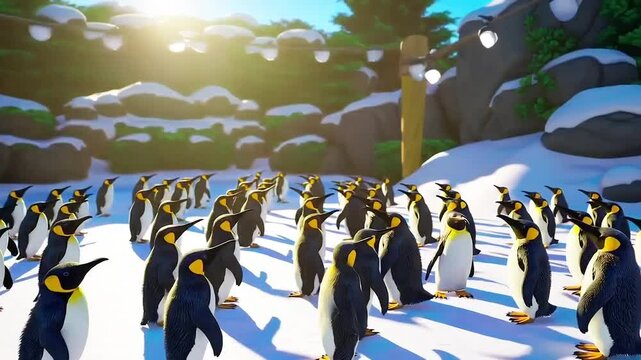 Animation of Cartoon-Style Penguins in a Zoo with 3D Mapping Effects.