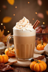 Warm pumpkin spice latte with whipped cream and cinnamon sticks surrounded by autumn decor in a cozy setting