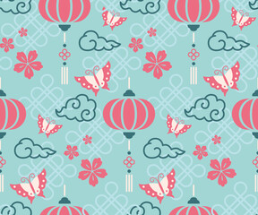 Chinese aesthetic style seamless pattern designed with playful elements like lanterns, butterflies, clouds, and flowers