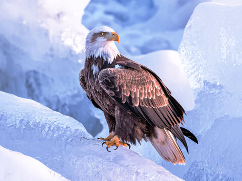 A majestic bald eagle perched atop a frozen landscape