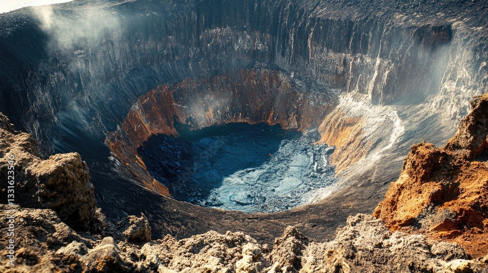 Poster a deep crater with a circular hole in its center, surrounded by rough terrain