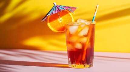 Refreshing iced beverage with orange slice and straw, creating summer vibes against a yellow backdrop.