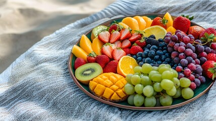 Colorful fruit platter with grapes, berries, kiwi, mango, oranges, strawberries on beach blanket outdoors.