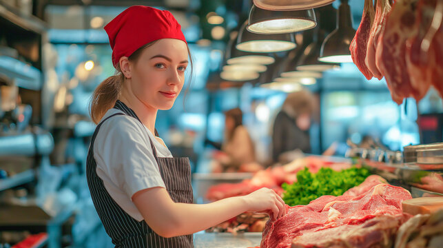 Smiling butcher preparing fresh meat in a vibrant market - Powered by Adobe
