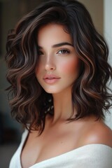 Naklejka premium A portrait of a young woman with long dark hair and a calm expression