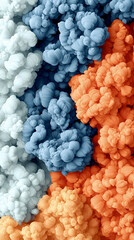 Colorful abstract clouds in shades of blue, orange, and white create a vibrant and dynamic visual composition