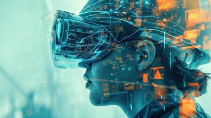 Digital Transformation: A figure using a tablet, surrounded by digital icons and virtual reality elements, embodying the evolution of technology in the modern workplace.
