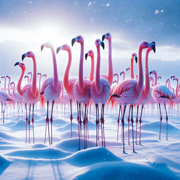 A confused vibrant pink flamingos against a snowy landscape, funny climate change concept