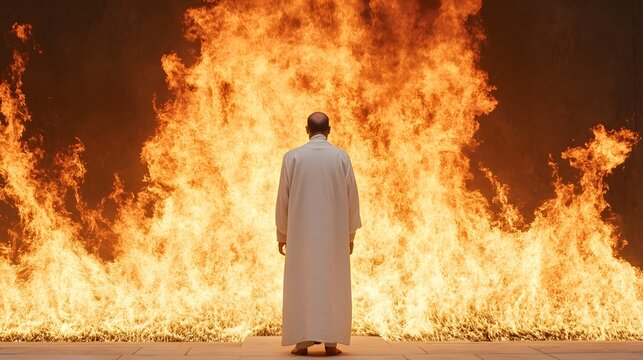 Enigmatic Encounter with Flames: A figure, clad in simple attire, stands before a roaring inferno, gazing at the consuming flames. An evocative scene filled with mystery.