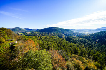 View from the Altdahn castle massif of the surrounding landscape with green forests. Nature at the...