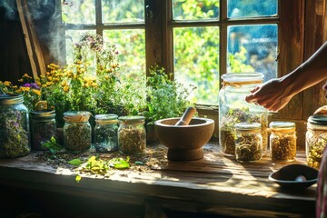A serene herbal medicine workshop with jars of dried herbs, a mortar and pestle on a wooden table, and sunlight streaming through a rustic window