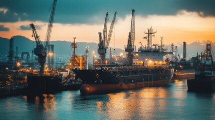 Fototapeta premium A large industrial shipyard with vessels under construction.