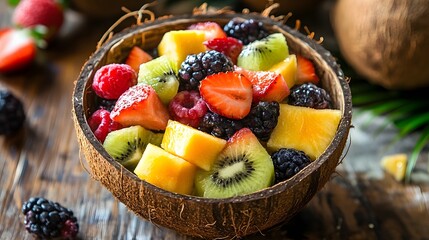 Delicious fruit salad served inside a natural coconut shell, a healthy and tropical treat.