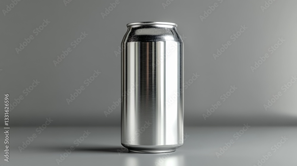 Poster a shiny aluminum can is positioned upright against a smooth gray backdrop. its polished surface refl