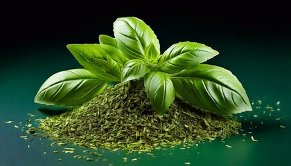 Fresh basil leaves and dried basil seasoning on a dark green background