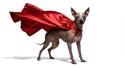 Obraz premium Heroic peruvian hairless dog wearing a red cape stands confidently against a white backdrop