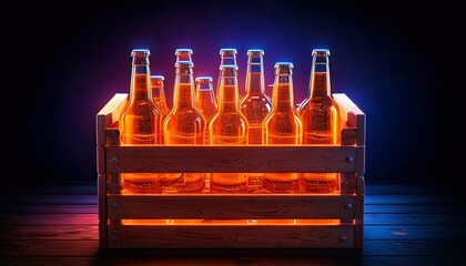 Crate filled with glowing beer bottles on a dark background