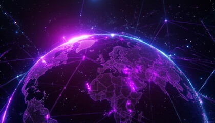 Global Digital Network Planet Earth with Glowing Purple Data Connections