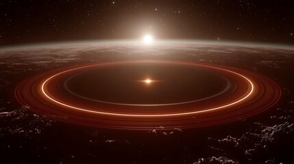 A distant planet surrounded by glowing rings and bright star