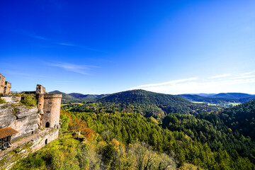 View of the Altdahn castle massif and the surrounding landscape with green forests. Nature at the medieval rock castle in the Palatinate region.
