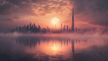 Cinematic sunset on the horizon of a fantastic city in the fog